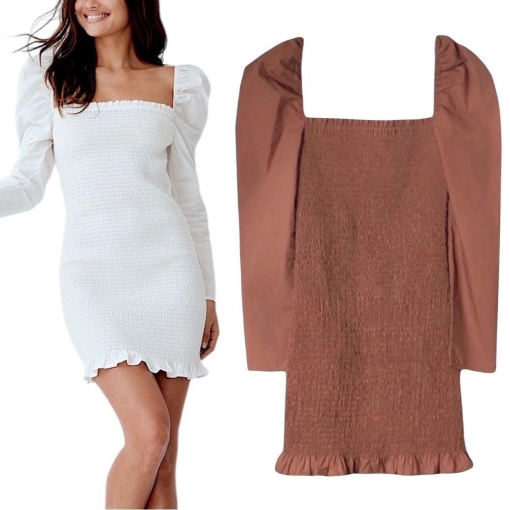 Aritzia Wilfred Maelys Puff Sleeve Smocked Bodice Mini Dress Mocha Brown Sz L